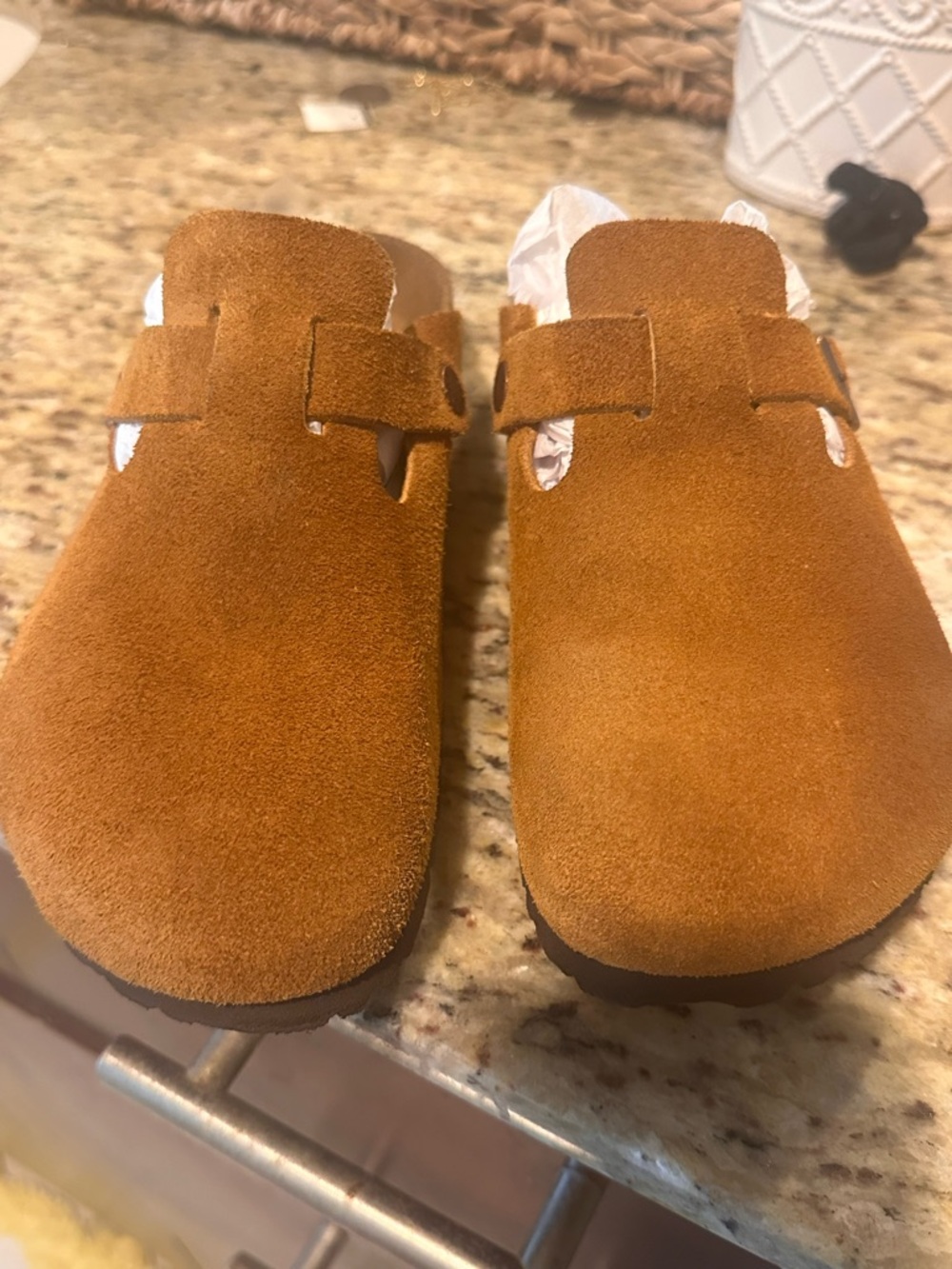 Birkenstock Suede Clogs in Tan Brown